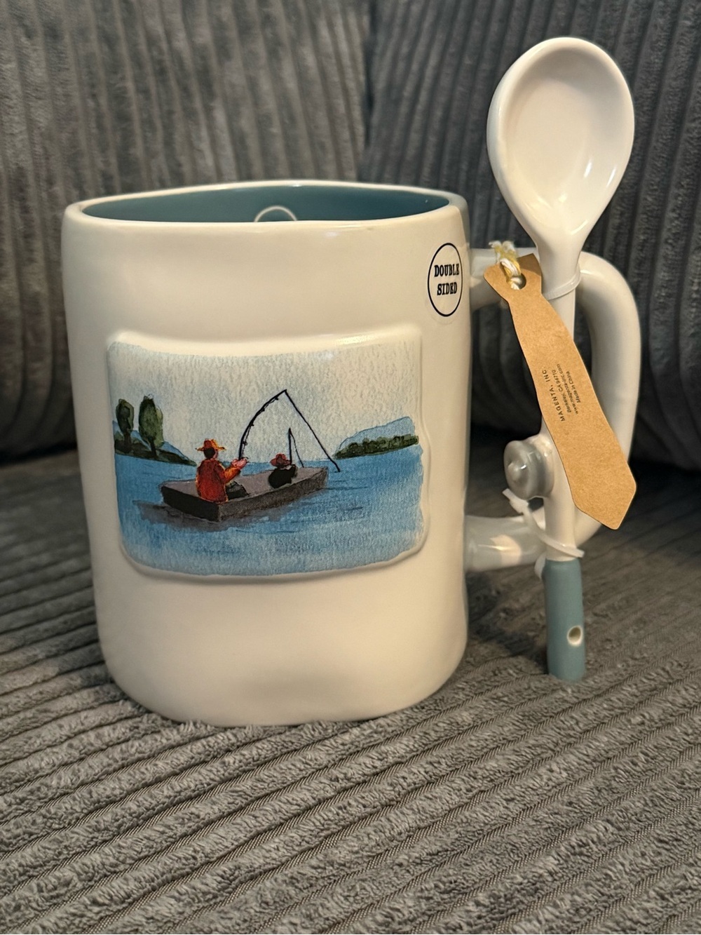 Rae Dunn White Ceramic Fishing Mug with Blue Interior and Spoon